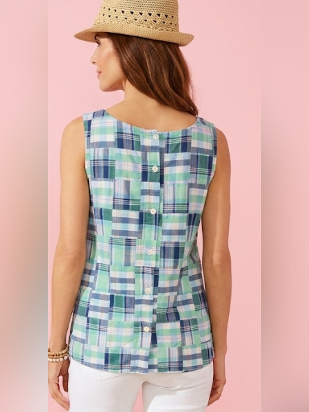 Talbots petites Size Mp patchwork madras plaid button-back sleeveless top
